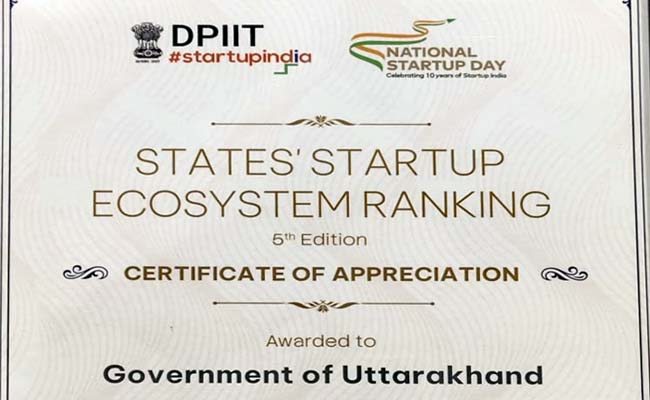 स्टार्टअप इंडिया रैंकिंग में उत्तराखण्ड को मिला ‘लीडर’ दर्जा, केंद्र सरकार ने दिया सर्टिफिकेट ऑफ एप्रिसिएशन